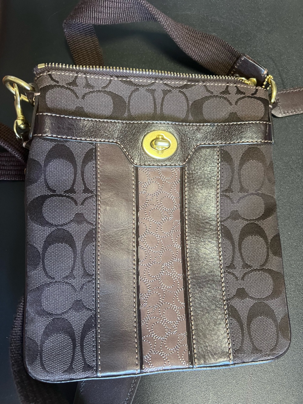 Coach Men’s Dark Brown Signature Canvas Messenger Bag with Gold Hardware